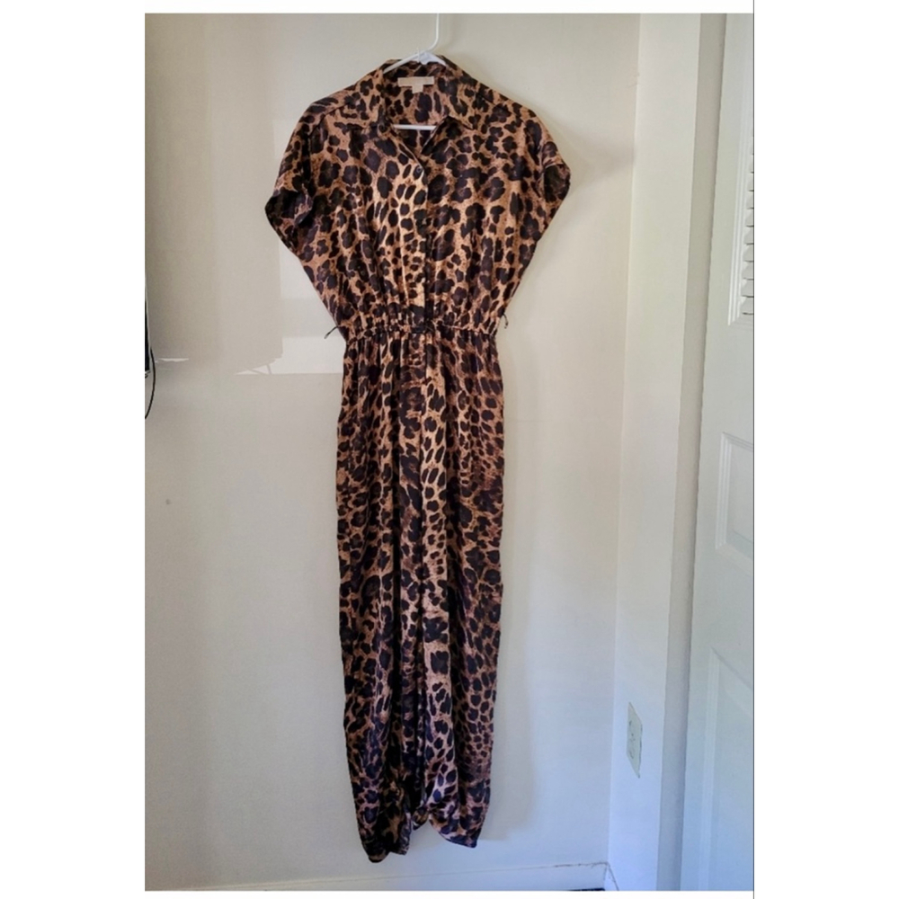 Michael Kors Leopard Print Wide Leg Jumpsuit XS Collared Button Front - Picture 3 of 13